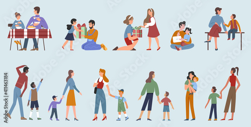 Parents with children, happy parenting vector illustration set. Cartoon family people spend time together, father mother and cute child daughter or son characters playing, eating food and walking