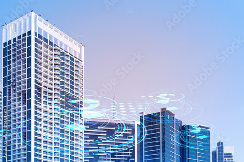 Panoramic view skyscrapers. Modern cityscape of the capital of the Emirate of Dubai. Financial services hub. Tech in city life concept. Double exposure.