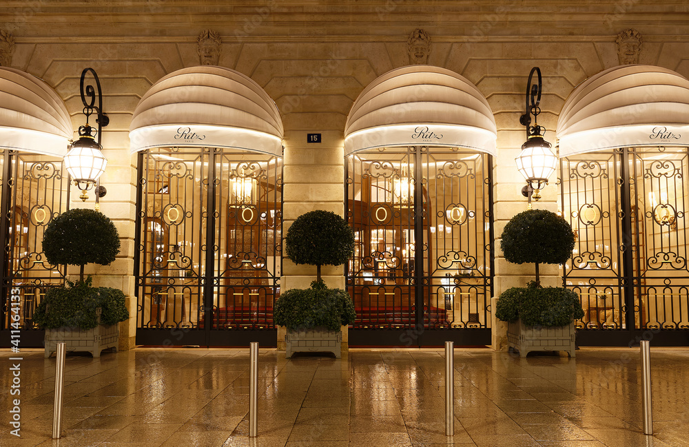 The Ritz Paris is a hotel in central Paris, overlooking the Place Vendome  in the city's 1st arrondissement. It ranked among the most luxurious hotels  in the world. Stock Photo