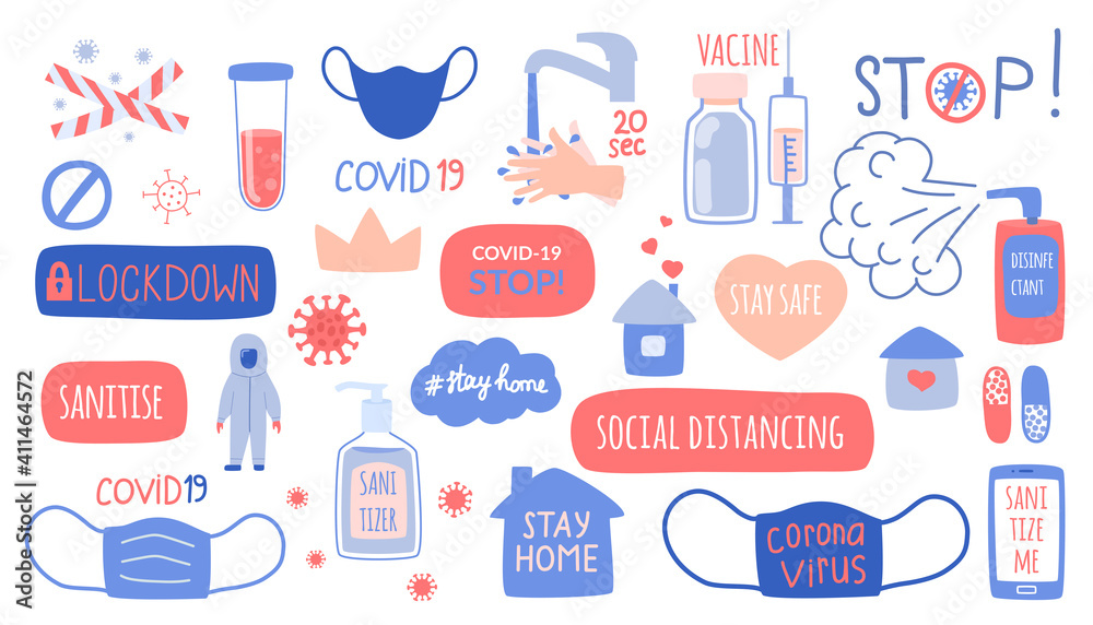 The set of elements of the concept of coronavirus, protection, hygiene and medicine. Vector hand-drawn illustration, stickers, inscriptions and symbols of the pandemic.