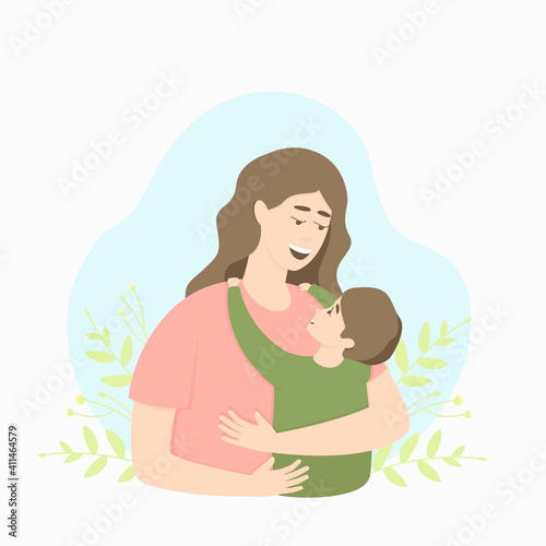 Happy mom and son are hugging against the background of floral motives. Mothers Day. The concept of love and protection of the child by the parent. Flat vector illustration.