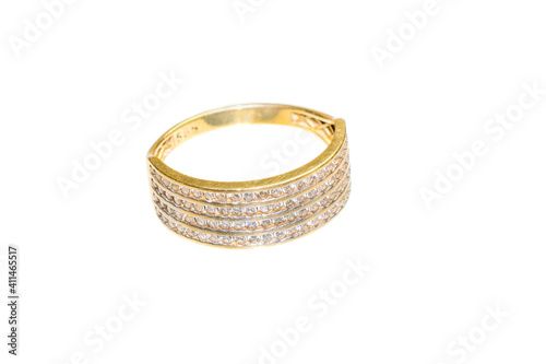 gold ring with diamonds on the white isolated background