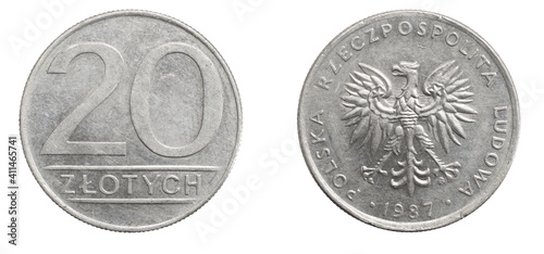 twenty Polish zloty coin on a white isolated background