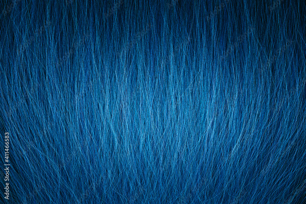Fototapeta premium 3D rendering of a closeup view of a bunch of blue hair in a wavy curved style, dark abstract background
