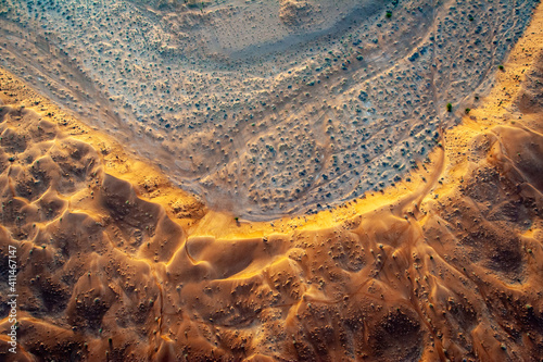 Aerial view of dunes meeting salt flats