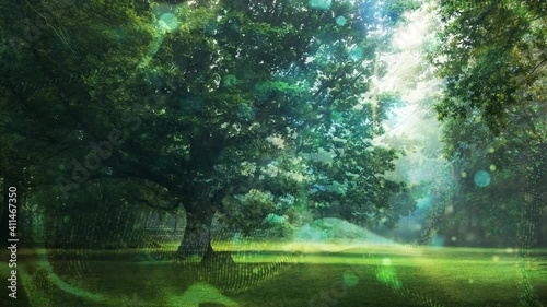 green tree a stream of luminous particles, a cycle of a stream of luminous particles. light effects moving and flexible lines in abstract style. profit energy meditation