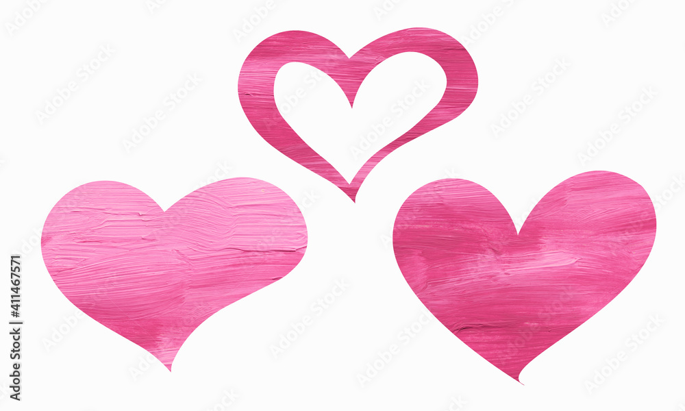 Set of hearts painted with pink and white paint rough strokes isolated on white background.