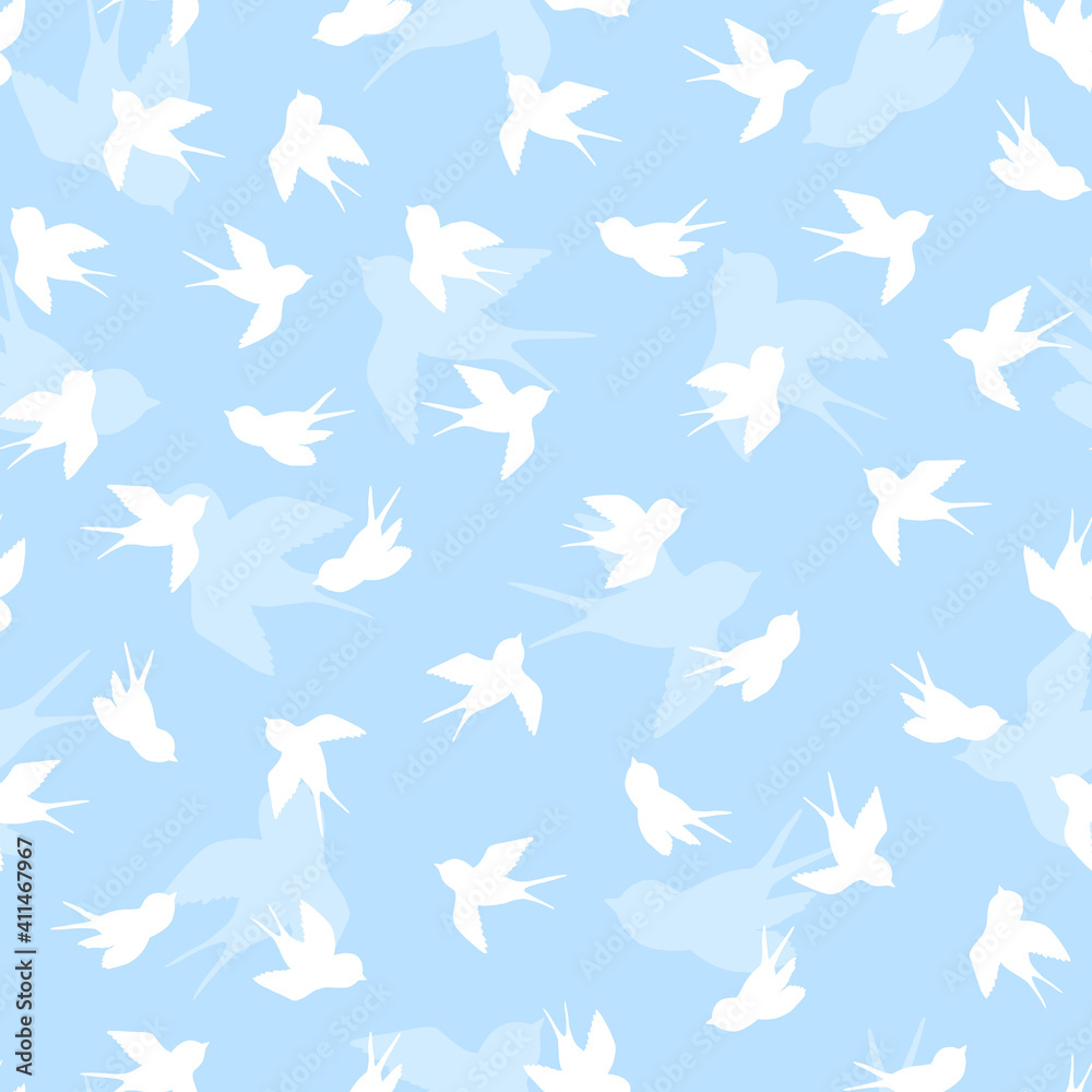 Seamless pattern with white swallow silhouette on blue background. Cute bird in flight. Vector illustration. Doodle style. Design for invitation, poster, card, fabric, textile Seamless pattern with white swallow silhouette on blue background. Cute bird in flight. Vector illustration. Doodle style. Design for invitation, poster, card, fabric, textile