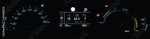 Illustration of car dashboard panel in full electric vehicle EV. Car cluster with speedometer, odometer, battery range indicator, power and battery charge gauge. Average battery consumption display.