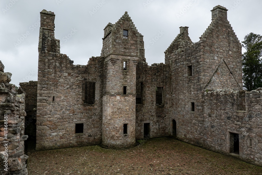 Courtyard of Tolquhon Castlemedieval ruins in  Tarves, Ellon, Scotland in overcast weather