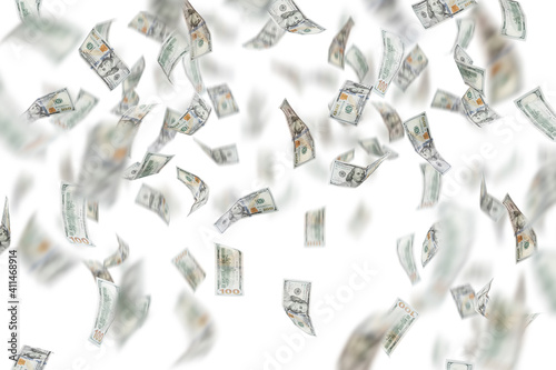 One hundred dollar bills are falling. Isolated on a light background. A blank for using money concepts.