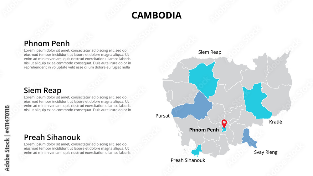 Cambodia vector map infographic template divided by states, regions or provinces. Slide presentation