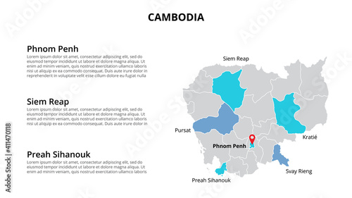 Cambodia vector map infographic template divided by states, regions or provinces. Slide presentation