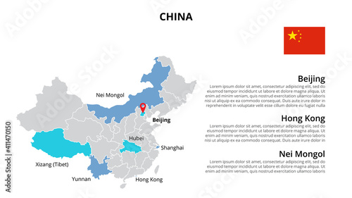 China vector map infographic template divided by states, regions or provinces. Slide presentation