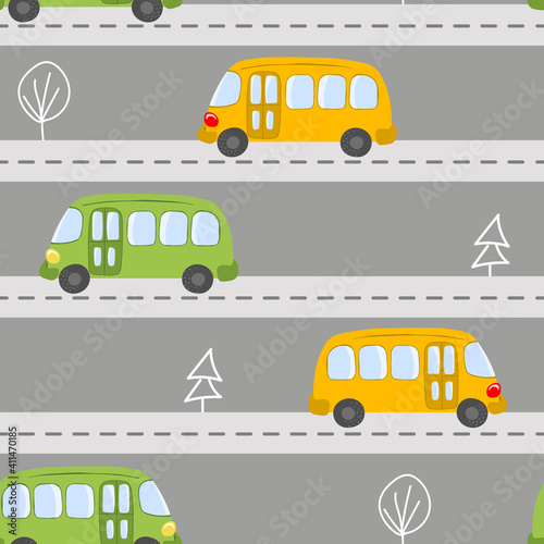 Seamless pattern with cute bus on color background. Cartoot transport. Vector illustration. Doodle style. Design for baby print, invitation, poster, card, fabric, textile.