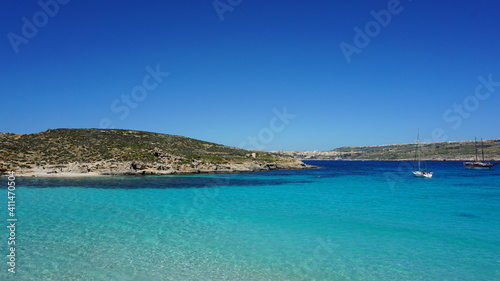 the view of Cominotto Island from the Blue Lagoon on Comino Island  Malta  March