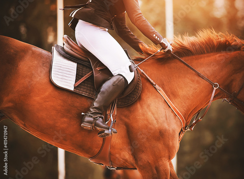 Fototapeta Naklejka Na Ścianę i Meble -  A sorrel horse with a beautiful red mane and a rider in the saddle jumps high, illuminated by the sunlight. Show Jumping competitions. Equestrian sports. Horse riding.