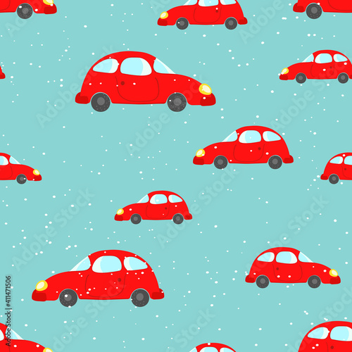 Seamless pattern with cute cars on blue background. Cartoot transport. Vector illustration. Doodle style. Design for baby print, invitation, poster, card, fabric, textile