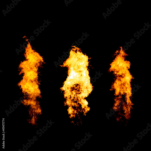 Set of three flame jets isolated on black, fire collection