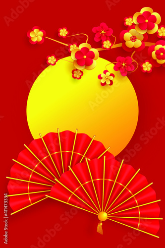 Traditional red hand fans and cherry blossom branch. Oriental Holiday Lunar New Year. Vector EPS10