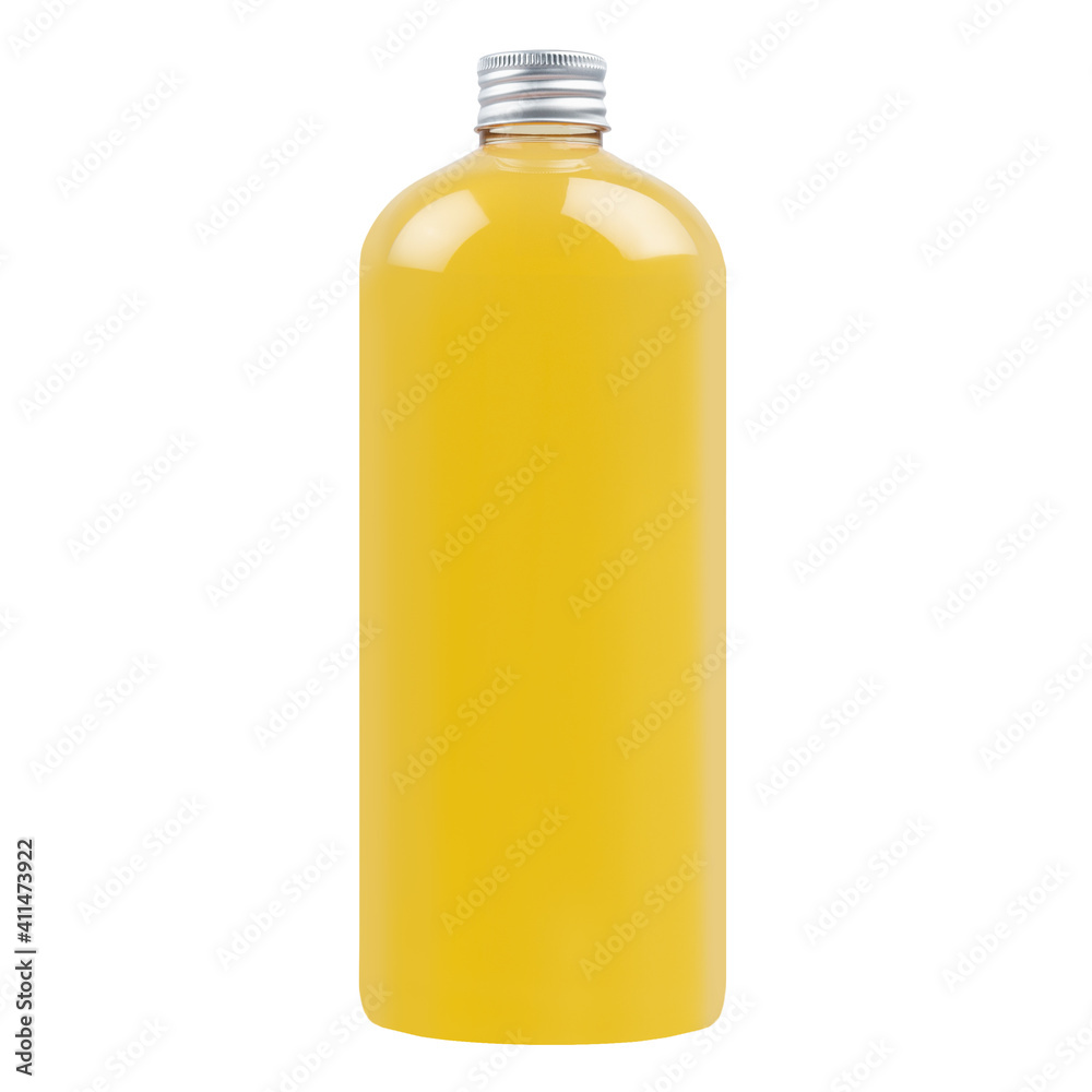Transparent plastic tall bottle with orange drink, cooking oil or cosmetic produce, silver cap mockup, isolated. Template for portfolio, design, branding identity. Transparent plastic tall bottle with orange drink, cooking oil or cosmetic produce, silver cap mockup, isolated. Template for portfolio, design, branding identity.