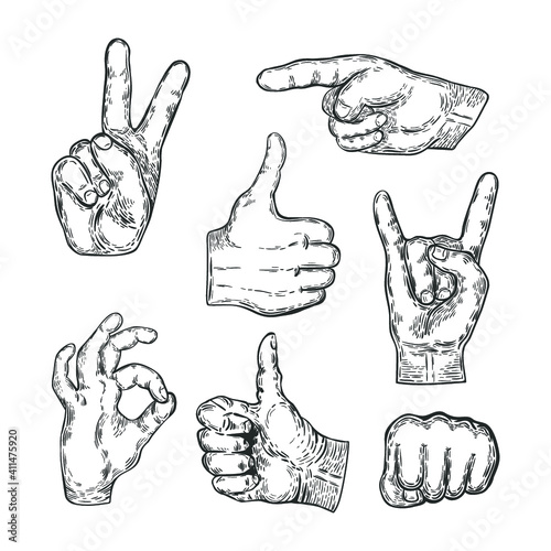 Collection of finger gestures isolated on white. Vector illustration.