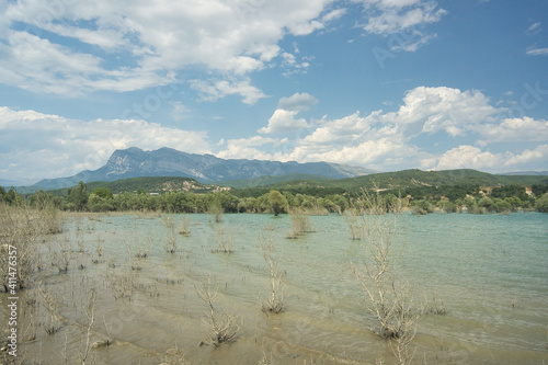 view of the Mediano reservoir near the town of Ainsa, located in Huesca, Spain.