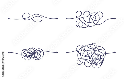 Complex and easy simple way from start to end vector illustration set. Chaos simplifying, problem solving and business solution searching challenge concept. Hand drawn doodle scribble chaos path lines