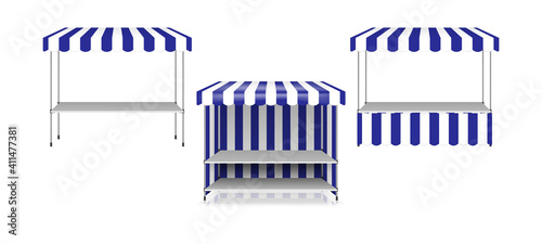 Market stall of table and striped tent roof isolated on white background, vector illustration set. Portable outdoor kiosk with canopy, template for design