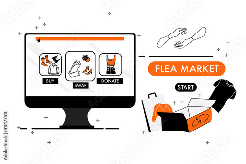 Online flea market.Catalog of clothes.Desktop computer with reusable garment store website.Ordering,make donation from home.Charity box for humanitarian aid.Trendy doodle vector.Give or swap.Glamour.