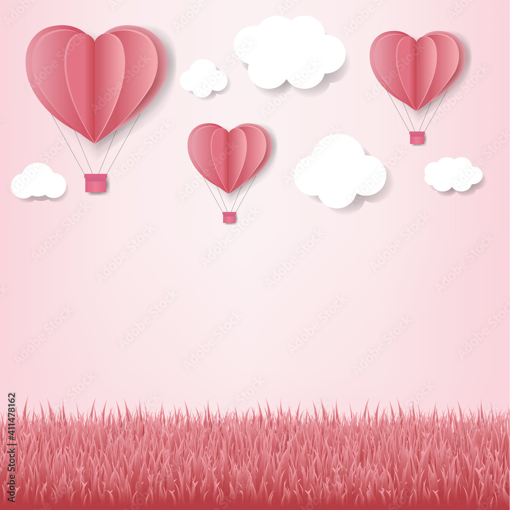 Paper Hearts With Cloud Pink Background With Gradient Mesh, Vector Illustration