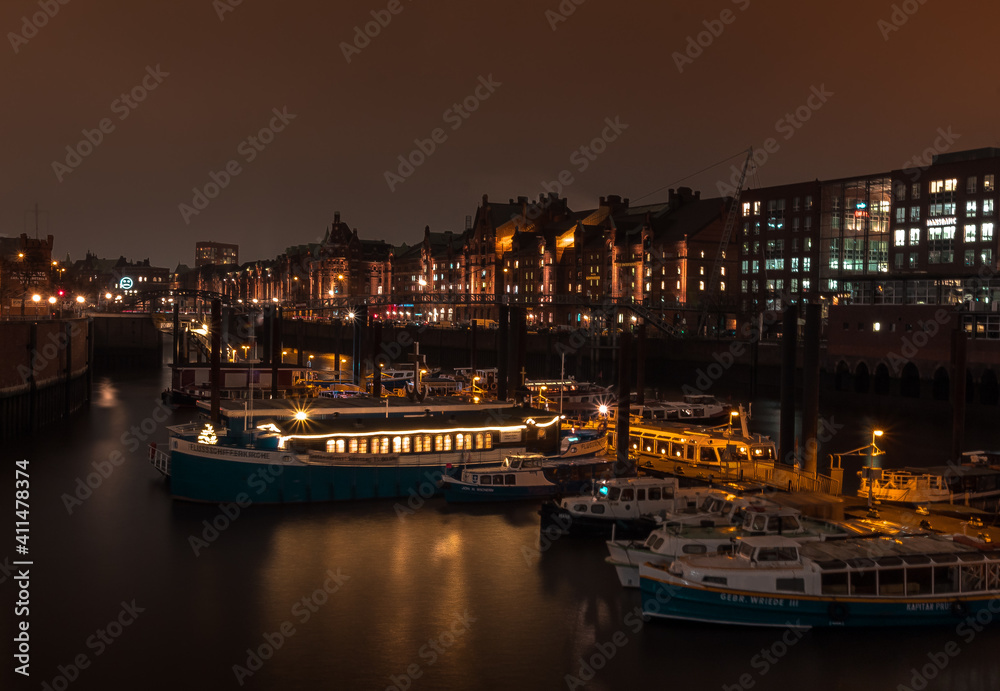 long exposure Hamburg river ships and buildings at night