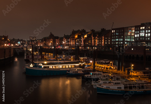 long exposure Hamburg river ships and buildings at night