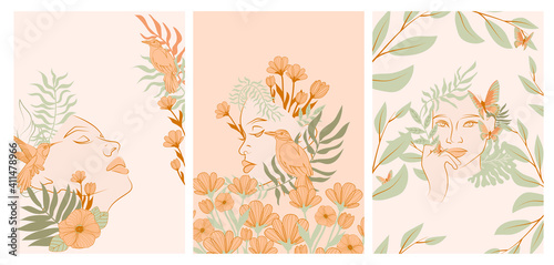 Collection of posters with beautiful Woman face portrait with plants and flowers in one line style. Blooming abstract Women. Minimalistic style. Vector illustration.