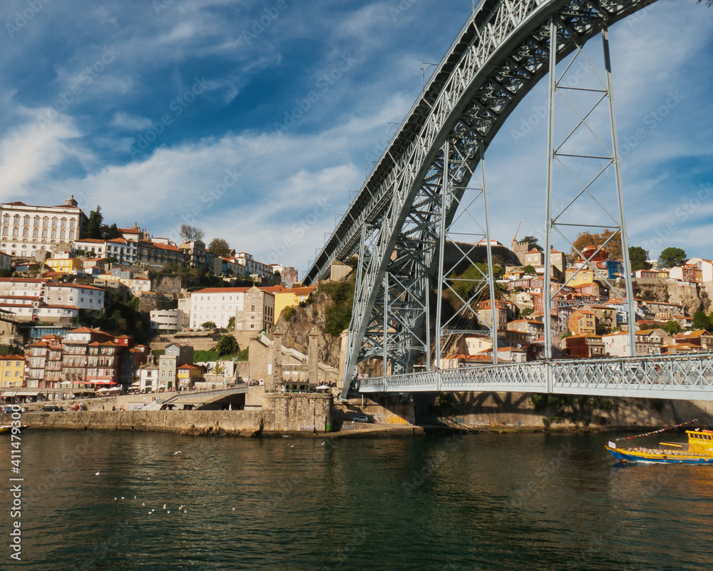 Part of the Dom Luis I Bridge over the Douro River overlooking the city of Porto