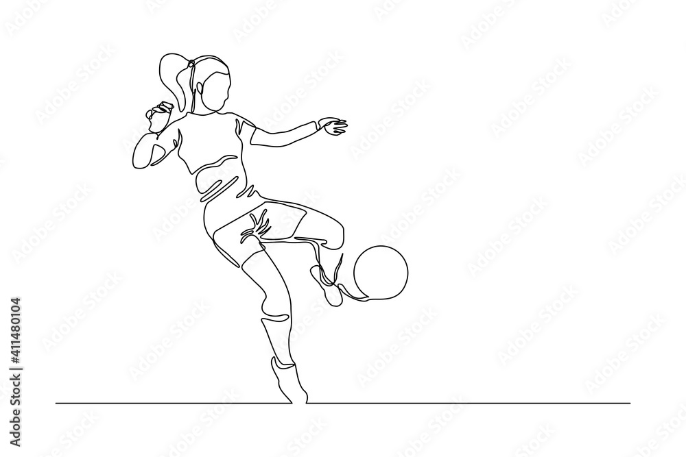 Continuous line drawing of football player kicking ball. Single one line art of young woman soccer player dribbling and juggling ball. Vector illustration