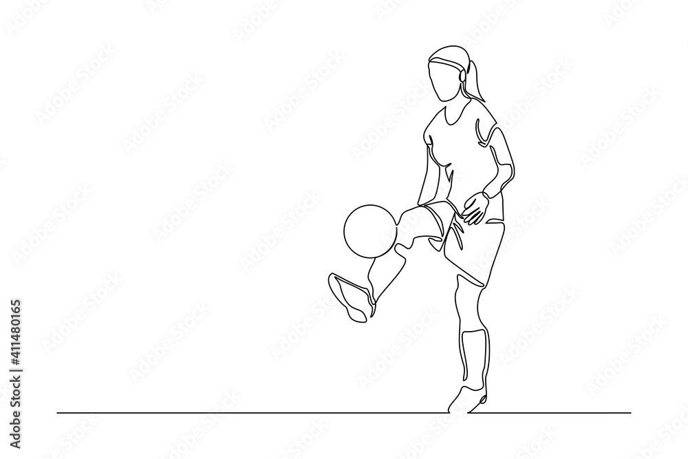 Continuous line drawing of football player kicking ball. Single one line art of young woman soccer player dribbling and juggling ball. Vector illustration Continuous line drawing of football player kicking ball. Single one line art of young woman soccer player dribbling and juggling ball. Vector illustration