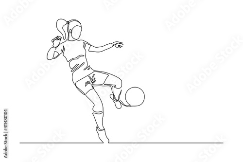 Continuous line drawing of football player kicking ball. Single one line art of young woman soccer player dribbling and juggling ball. Vector illustration