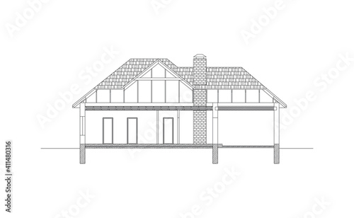 Architectural black and white background. Cross-section suburban house. Modern vector blueprint. Cad model.
