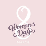 Woman's Day text as celebration badge, tag, icon. Card invitation, template. Festivity background. Lettering typography poster. Banner on textured background. Vector illustration. 8 march. 