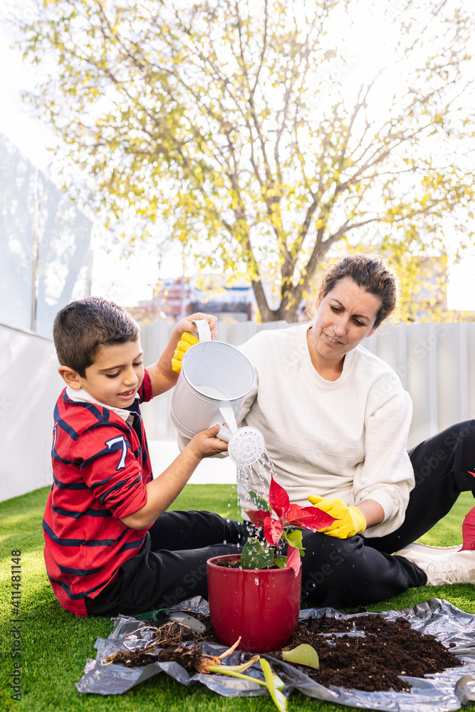 Mother and son watering potted plants at home Mother and son watering potted plants at home