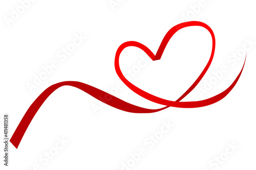 Red ribbon with a heart on a white background. red heart-shaped line, red heart-shaped ribbon for decoration greeting valentine love card
