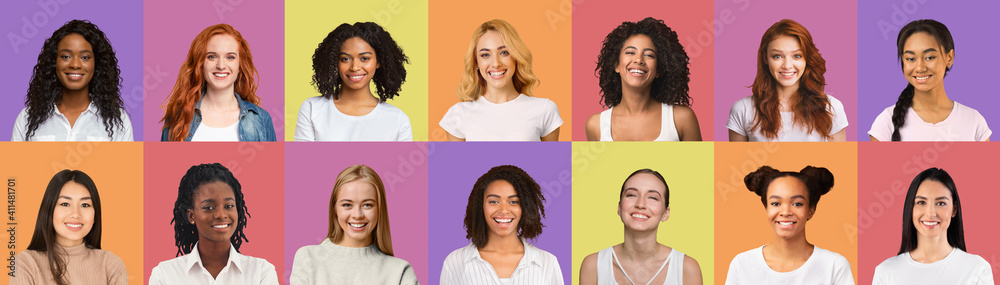Cheerful young women studemts over colorful backgrounds, collage Cheerful young women studemts over colorful backgrounds, collage