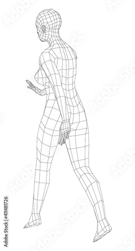 Wireframe walking woman. Vector