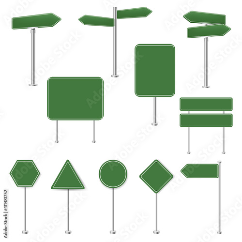 Big Set Green Stop Signs And Traffic Sign Collection White Background With Gradient Mesh, Vector Illustration