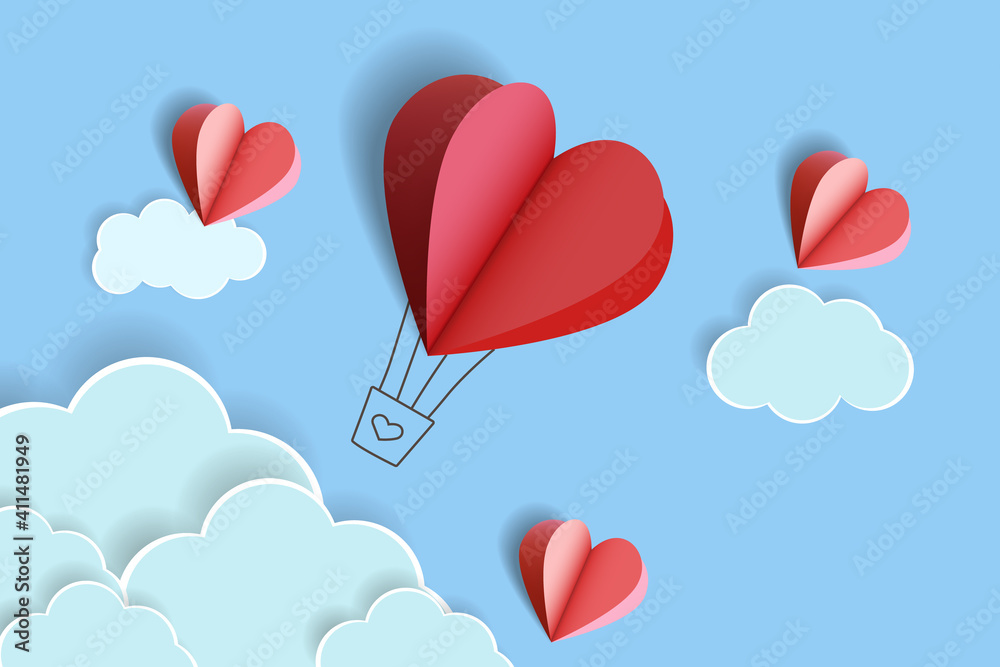 Illustration of love .Heart shape of a balloon cut out of paper and clouds.Handmade crafts. Vector illustration. Cute love sale banner or greeting card. Honeymoon and wedding adventure.