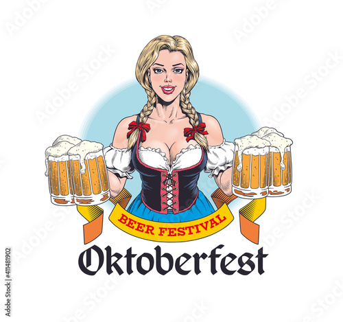 Young sexy Oktoberfest waitress, wearing a traditional Bavarian dress, serving six beer mugs. Attractive blonde german woman. Pinup style vector illustration.
