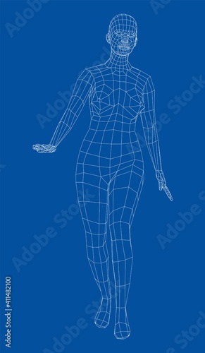Wireframe walking woman. Vector