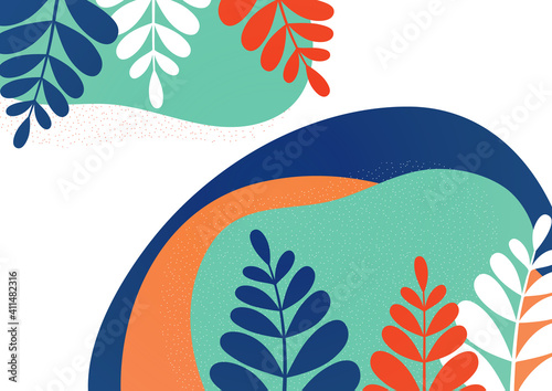 A poster with flowing colored shapes and leaves. Design template for covers, posters, banners, flyers, presentations and reports. Vector