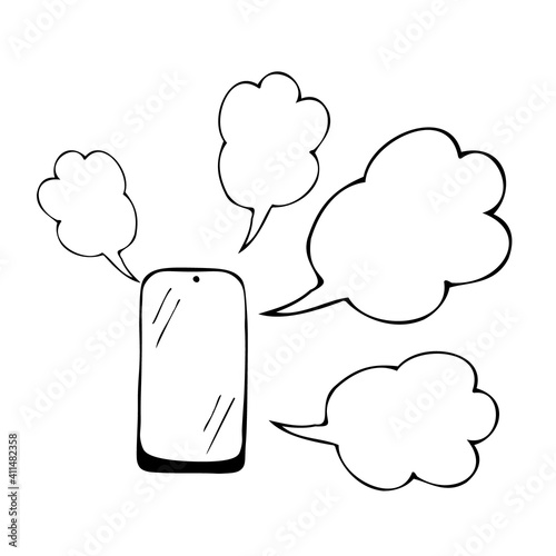 Mobile phone, cell phone, and the cloud that stands for phrases and conversations.